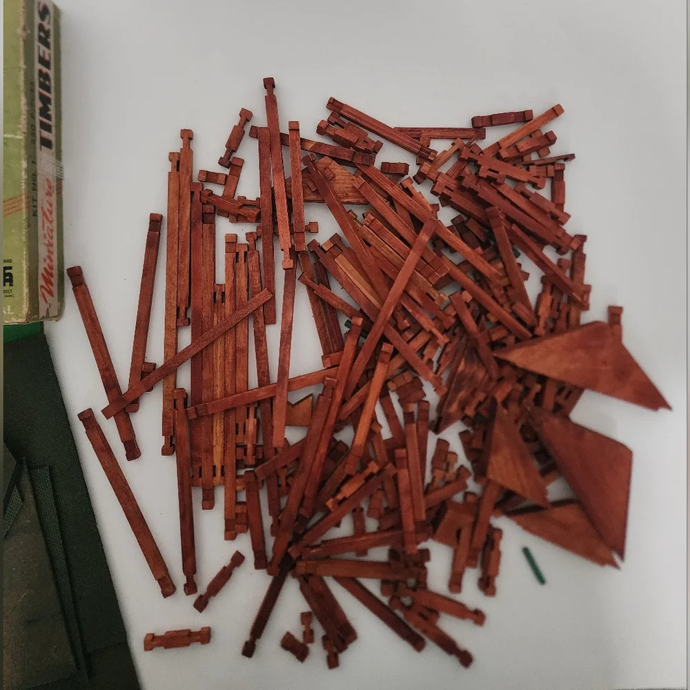 1950s Miniature Timbers Wood Log Building Set 250 Pcs With Orig Box Instructions